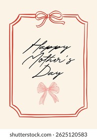 Charming whimsical Mother's Day card with elegant ribbon design, featuring modern calligraphy and soft pastel tones for a joyful greeting