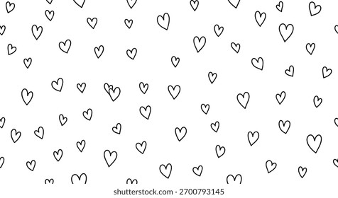 Um padrão encantador e caprichoso de inúmeros contornos de coração negro desenhados à mão espalhados aleatoriamente por um fundo branco limpo, evocando amor e carinho.