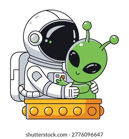 A charming and whimsical scene featuring a brave astronaut in a white spacesuit embracing a cute little green alien. They stand together on a futuristic platform.