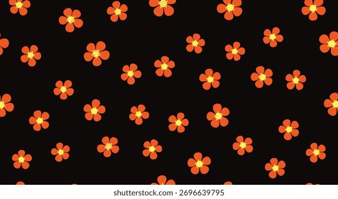 Um charmoso e caprichoso padrão sem costura exibindo inúmeras flores laranja brilhantes com centros amarelos ensolarados, artisticamente dispostos em um fundo preto profundo.
