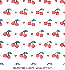 Charming Whimsical Sweet Red Cherries Pattern. Ideal for fresh fruit lovers, cherry illustrations, and romantic-themed patterns. Perfect for textiles, wallpapers, gift wrap, branding, stationery, etc