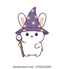 A charming white bunny dressed as a wizard, complete with a starry purple hat and a wooden wand, depicted in a simple, adorable cartoon style.