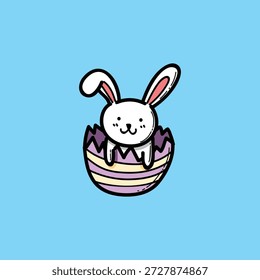 Ein charmanter weißer Hase blickt von einer zerklüfteten, gestreiften Eierschale auf eine lebhafte blaue Kulisse. Perfekt für Ostern, Frühling, Familie, Kinder und festliche Urlaubsthemen mit einer spielerischen Atmosphäre.