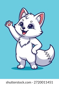 Um charmoso filhote de raposa de desenho animado branco com orelhas cor-de-rosa e um rabo fofo, de pé e acenando sua pata em um gesto amigável.