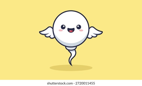 Una encantadora ilustración de células de esperma de dibujos animados blancos, con una cabeza redonda, expresión facial alegre, alas diminutas y una cola rizada.