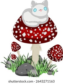 A charming white cat perched on a mushroom surrounded by natural elements including stones and grass