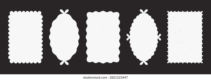 Charming white frames set on black background. Coquette oval and rectangle borders with scalloped edges and bows. Decorative cute silhouette elements, ideal for wedding cards, romantic designs.