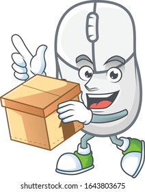 A charming white mouse mascot design style having a box