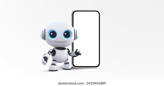 Charming White Robot with Glowing Blue Eyes Presenting a Modern Smartphone on White Background. Adorable 3D cartoon robot in blue with a radiant, smiling face displayed on its screen, holding a phone.