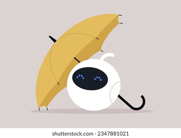 A charming white robot shielded by a yellow umbrella as protection against viruses