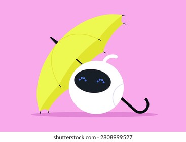 A charming white robot shielded by a yellow umbrella as protection against viruses