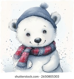 Charming white teddy bear smiles brightly wearing a blue knitted hat with a pom-pom and cozy red scarf with winter patterns. Around the bear, gentle snowflakes drift down in a serene, snowy landscape.