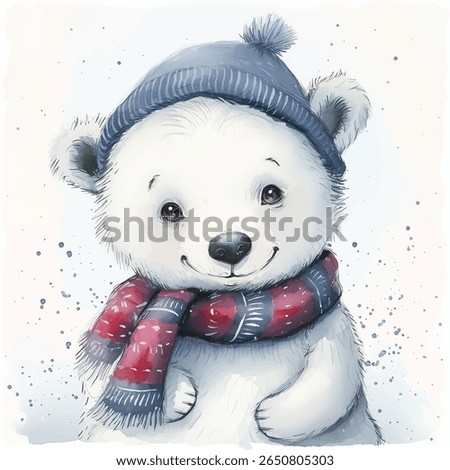 Charming white teddy bear smiles brightly wearing a blue knitted hat with a pom-pom and cozy red scarf with winter patterns. Around the bear, gentle snowflakes drift down in a serene, snowy landscape.