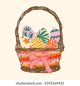 A charming wicker basket filled with colorful, patterned Easter eggs tied with a pink bow. Perfect for festive designs, greeting cards, and spring themes.