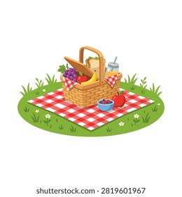 A charming wicker picnic basket overflowing with delicious food, including grapes, bananas, apples, sandwiches, and berries, set on a red and white checkered blanket.