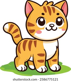 A charming, wide-eyed orange tabby cat with rosy cheeks and a happy expression, standing on a grassy patch. Perfect for children's books, stickers, greeting cards, and pet-themed designs.