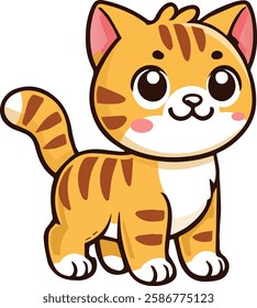 A charming, wide-eyed orange tabby cat with rosy cheeks and a happy expression, standing on a grassy patch. Perfect for children's books, stickers, greeting cards, and pet-themed designs.