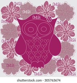 charming wine-red owlet with flowers vector illustration