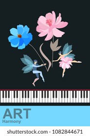 Charming winged fairy and elf dancing with large flowers-musical notes over the piano keys isolated on a black background. Music banner. Vector illustration.