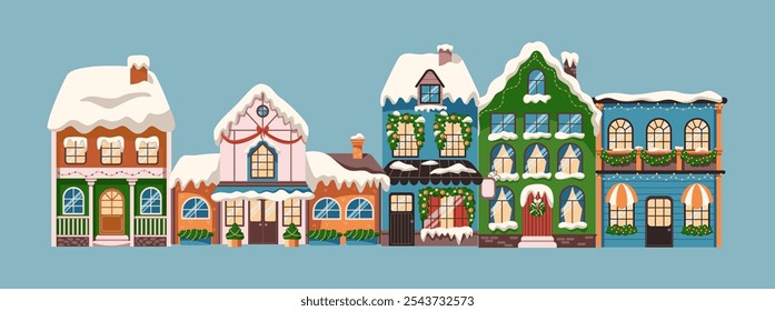 Charming winter buildings with snow on roofs flat color vector illustration. Houses with New Year ornaments cartoon composition on blue