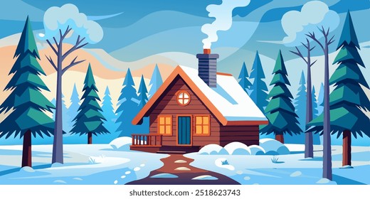 A charming winter cabin nestled in a snowy forest, with tall pine trees and a path leading to the cozy wooden door. Perfect for creating a warm and inviting atmosphere in your designs.