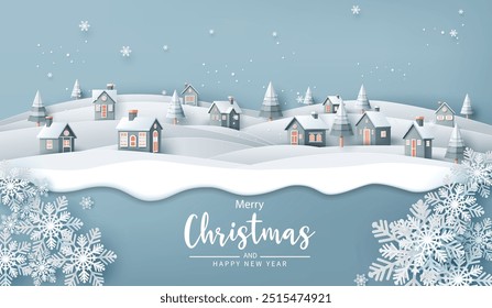  Charming winter in christmas season , landscape of a village covered in snow, featuring cozy homes, snowflakes, paper art cut,