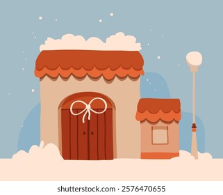 Charming Winter Cottage, Beautifully Surrounded by Snowy Landscape in the Heart of Winter, A charming and quaint cottage blanketed in snow, featuring a beautiful festive entrance that evokes cozy wint