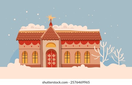 A Charming Winter Cottage Set Against a Beautiful Star and Snow Background Scene, A beautifully designed winter cottage, adorned with a bright star, surrounded by soft snow and tall trees