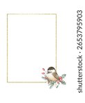 Charming winter frame featuring a watercolor bird with holly, pine, and berries in soft tones.
Perfect for holiday greeting cards, seasonal invitations, and rustic winter designs. Vector illustration.