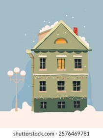 A Charming Winter House Set Amidst a Beautiful Snowy Landscape Adorned with Holiday Decorations, A cozy winter home with glistening snow, bright lights, and holiday cheer, perfect for festive themes