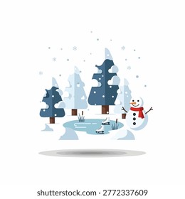 A charming winter illustration featuring a friendly snowman, a frozen ice rink with skates, and snow-covered pine trees, evoking a serene seasonal atmosphere.