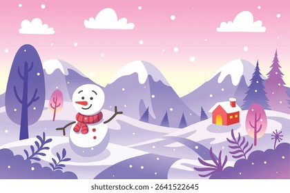 Charming winter illustration featuring a happy snowman with a red scarf, a cozy cottage with glowing windows, and snowy mountains under a pink and yellow pastel sky. Surrounded by colorful trees and f