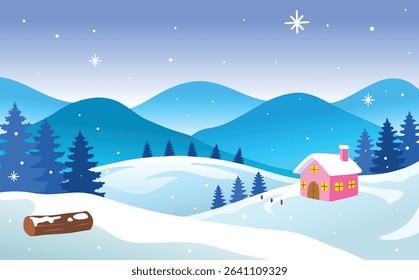 Charming winter landscape illustration featuring a cozy pink cabin nestled in snowy hills with pine trees, distant blue mountains, and a clear sky filled with falling snowflakes. Perfect for holiday c