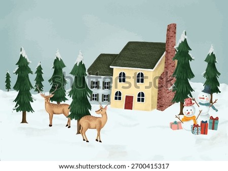 Charming winter scene with snow, snowmen, and deer. Cozy house, pine trees, and snow create a festive, winter wonderland. Snowmen and deer enhance the winter vibe. Winter illustration vector.