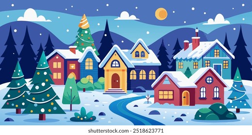 A charming winter scene of a snowy village with decorated Christmas trees, cozy houses, and a winding river.