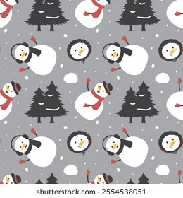 Charming Winter Seamless Pattern Design Featuring Decorative Elements in a Hand Drawn Cartoon Style Illustration Template 