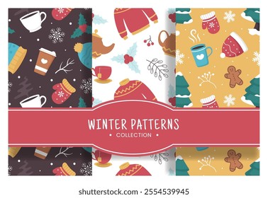 Charming Winter Seamless Pattern Design Featuring Decorative Elements in a Hand Drawn Cartoon Style Illustration Template