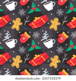 Charming Winter Seamless Pattern Design Featuring Decorative Elements in a Hand Drawn Cartoon Style Illustration Template