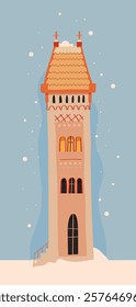 Charming Winter Tower Illustration Perfectly Crafted for Seasonal Thematic Design and Use, A whimsical and charming depiction of a winter tower featuring a snowcovered rooftop, ideal for seasonal them