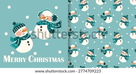 A charming winter vector collection featuring a holiday banner with two happy snowmen wearing cozy winter hats, scarves, and earmuffs. This set includes a matching seamless repeat pattern with falling snowflakes on a beautiful turquoise background, perfect for Christmas gift wrapping paper, seasonal textiles, greeting cards, and festive home decor.