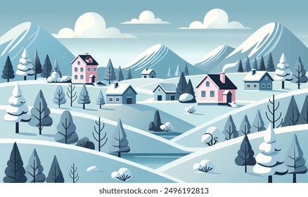  Charming winter village with cozy homes, snowy trees, and serene mountain backdrop. Winter background vector