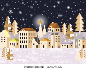 Charming Winter Village Illustration at Night, Featuring Snow Covered Houses, Evergreen Trees, and Falling Snowflakes under Dark Sky with Prominent Star Atop and Tall Christmas Tree.