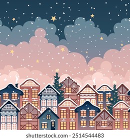 Ein charmantes Winterdorf eingebettet unter einer glitzernden Sternennacht. Nahtloses Muster mit Vintage City Weihnachtslandschaft. Vektorgrafik für Poster, Tapete, Umbruch, Hintergrund