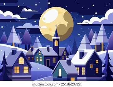 A charming winter village scene with snow-covered houses, twinkling lights, and a full moon shining brightly overhead. Perfect for adding a festive touch to your winter designs.