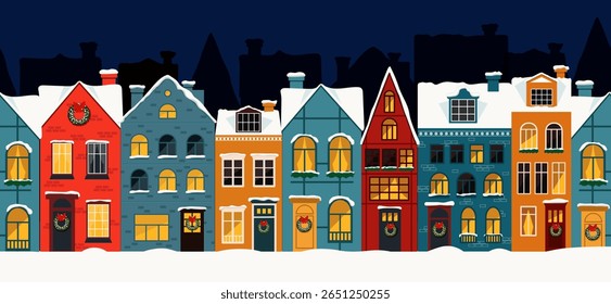 Charming Winter Village Scene with snowy rooftops and delightful holiday decorations