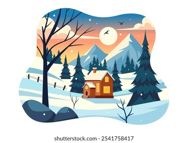 Charming Winter Village Vector Illustration featuring Cozy Houses in a Scenic Snowy Mountain Landscape, with a Serene Nature Setting in a Background