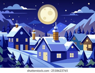A charming winter wonderland scene with snow-covered houses, a bright moon, and twinkling stars. Perfect for adding a cozy and festive atmosphere to your designs.