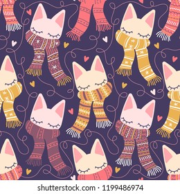 Charming winterly kitten pattern on dark purple background, seamless vector repeat. Trendy graphic style. Great for apparel design, wallpapers, scrapbooking, greeting cards, gift wrapping paper etc.