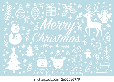 Charming winter-themed vector card with white doodles on a soft blue background. Includes festive characters like snowman, polar bear, bunny, reindeer, ornaments, and handwritten Christmas message.