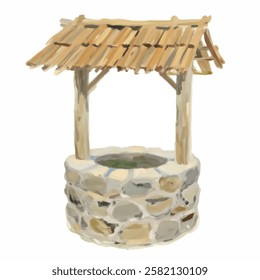 A charming wishing well illustration in stone. Ideal for folklore storytelling, fantasy designs, and garden decor.